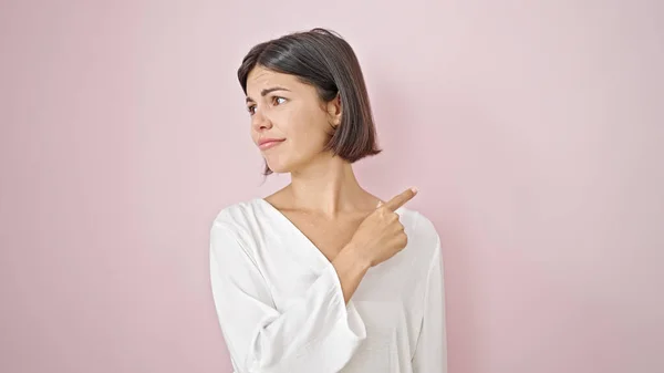 Young Beautiful Hispanic Woman Pointing Blank Space Angry Face Isolated — Stock Photo, Image