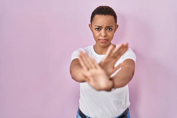 Beautiful African American Woman Standing Pink Background Rejection Expression Crossing — Stock Photo, Image