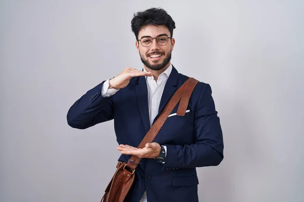 Hispanic Man Beard Wearing Business Clothes Gesturing Hands Showing Big — Stock Photo, Image