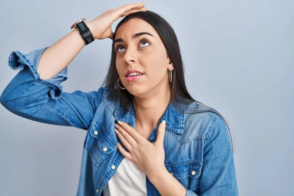 Hispanic Woman Standing Blue Background Touching Forehead Illness Fever Flu — Stock Photo, Image