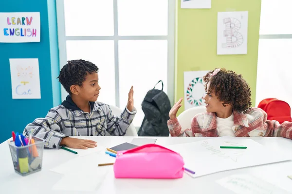 Adorable African American Boy Girl Students Drawing Notebook High Five — Stock Photo, Image