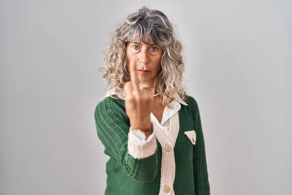 Middle Age Woman Standing White Background Showing Middle Finger Impolite — Stockfoto