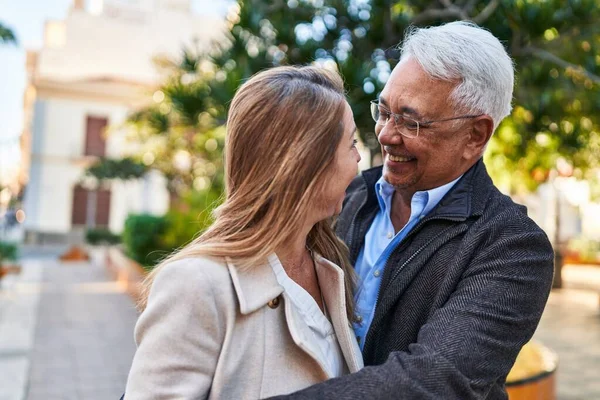 Middle Age Man Woman Couple Hugging Each Other Standing Park — Stock Photo, Image