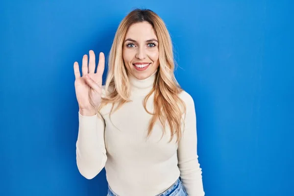 Young Caucasian Woman Standing Blue Background Showing Pointing Fingers Number — Stock fotografie