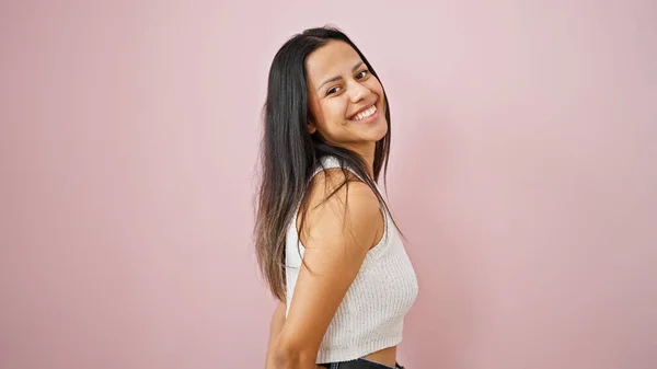Young Beautiful Hispanic Woman Smiling Confident Standing Isolated Pink Background — 图库照片
