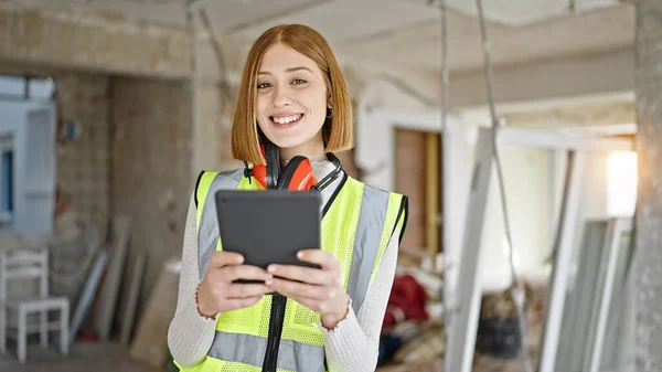 Young Blonde Woman Architect Smiling Confident Using Touchpad Construction Site — Stock Photo, Image