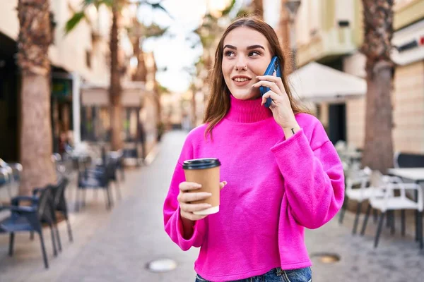 Young Woman Talking Smartphone Drinking Coffee Street — 스톡 사진