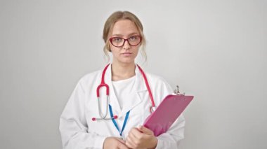 Sarışın kadın doktor gülümsüyor. Kendine güveni tam beyaz arka planda bir pano tutuyor.
