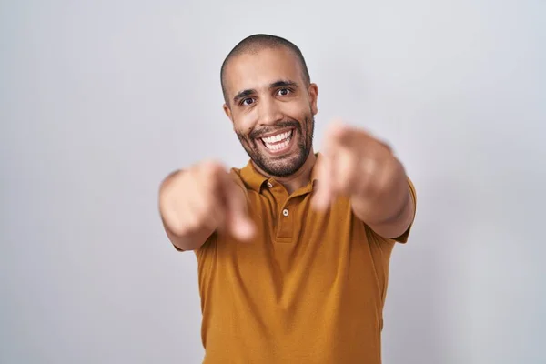 Hispanic Man Beard Standing White Background Pointing You Camera Fingers — ストック写真