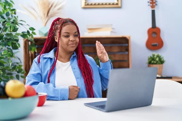 African American Woman Using Laptop Communicate Deaf Language Home — Stok fotoğraf