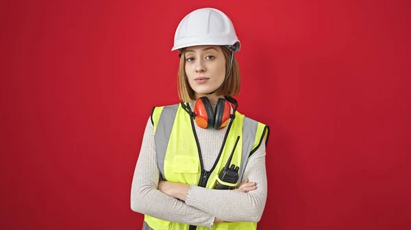 Young Blonde Woman Architect Standing Relaxed Expression Arms Crossed Gesture — Stock Photo, Image