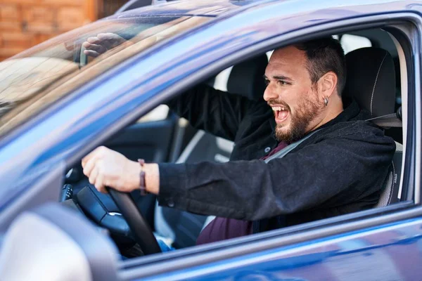 Young Hispanic Man Driving Car Furious Expression Street — Stock Photo, Image