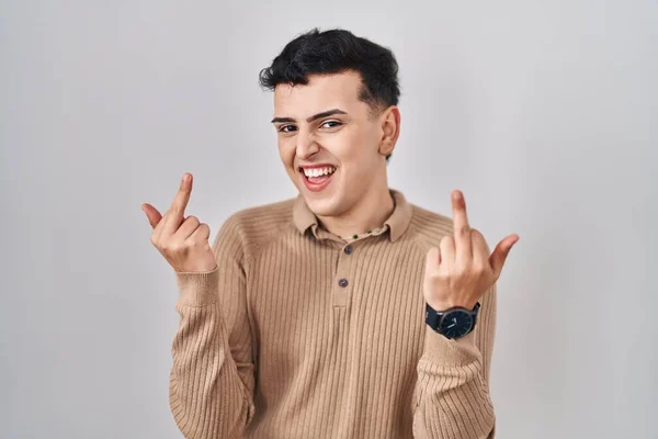 Non Binary Person Standing Isolated Background Showing Middle Finger Doing — Zdjęcie stockowe