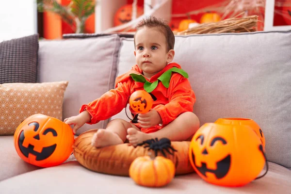 Adorable Hispanic Boy Wearing Pumpkin Costume Sitting Sofa Home — Stock Photo, Image