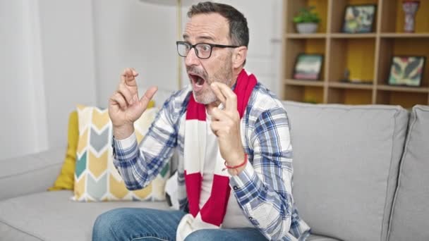 Middle Age Man Supporting Soccer Team Crossing Fingers Lucky Home — Stock Video