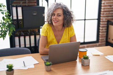 Middle age grey-haired woman business worker using laptop working at office