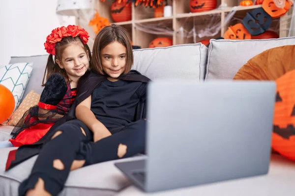 Adorable Boy Girl Wearing Halloween Costume Watching Movie Laptop Home — Stock Photo, Image