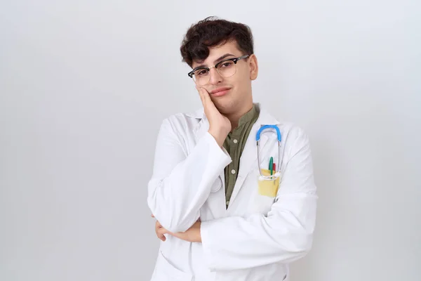 Joven Hombre Binario Con Uniforme Médico Estetoscopio Pensando Que Cansado — Foto de Stock