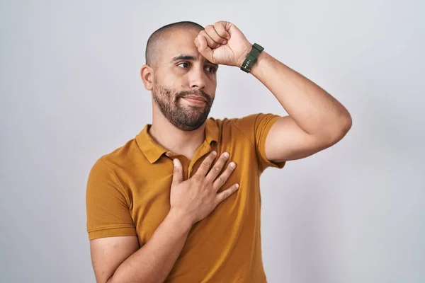 Hispanic Man Beard Standing White Background Touching Forehead Illness Fever — Zdjęcie stockowe