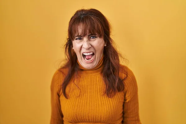 中年のヒスパニック系の女性は黄色の背景に怒って立っていると怒りを叫び 怒りで叫んで怒っている 怒りと攻撃的な考え方 — ストック写真
