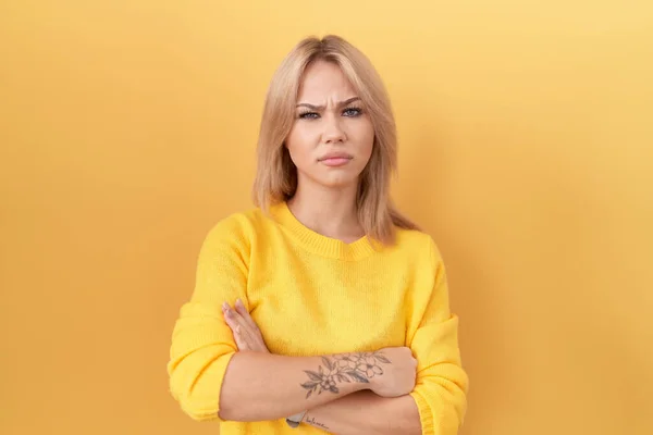 Young Caucasian Woman Wearing Yellow Sweater Skeptic Nervous Disapproving Expression — Stock Photo, Image
