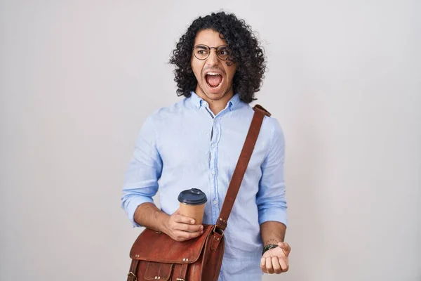 Hispanic Man Curly Hair Drinking Cup Take Away Coffee Angry — Stock Photo, Image
