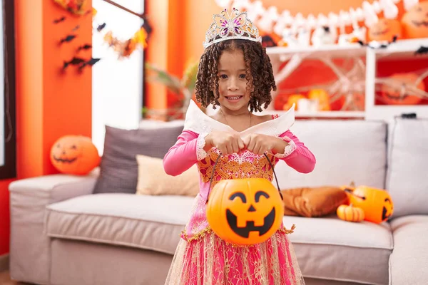 African American Girl Wearing Princess Costume Holding Pumpkin Basket Home — Stock Photo, Image