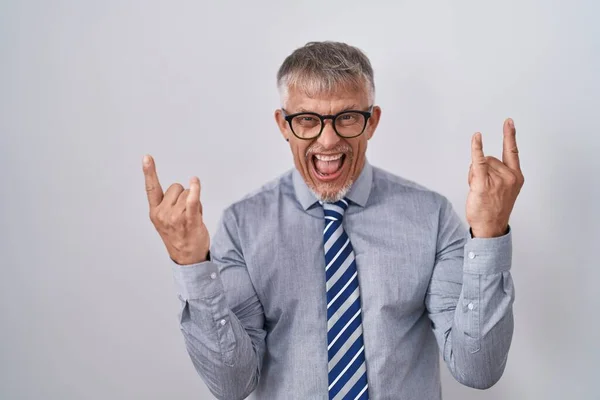 Hispanic Business Man Grey Hair Wearing Glasses Shouting Crazy Expression — Stock Photo, Image