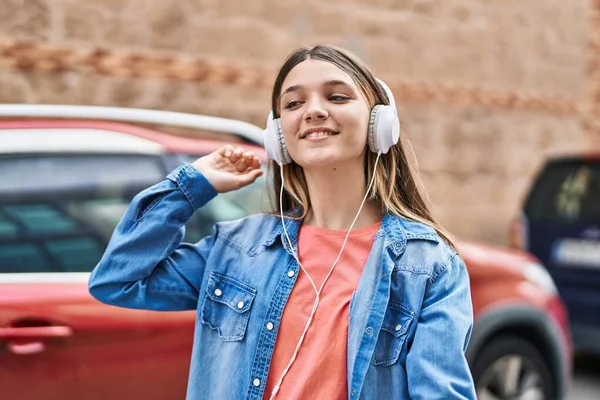 Adorable Girl Listening Music Dancing Street — Foto de Stock