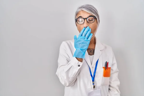 Middle Age Woman Grey Hair Wearing Scientist Robe Bored Yawning — Stock Photo, Image