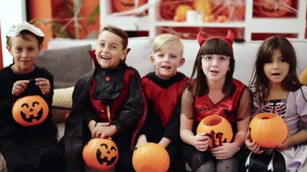 Group Kids Wearing Halloween Costume Saying Hello Hand Speaking Home — Stock Video