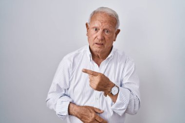 Senior man with grey hair standing over isolated background pointing aside worried and nervous with forefinger, concerned and surprised expression 