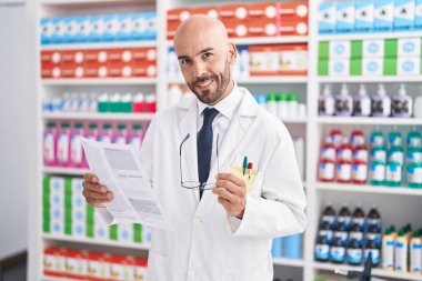 Eczanede reçeteli ilaç okuyan kel bir adam.
