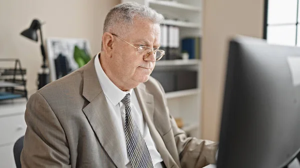 Trabajador Negocios Hombre Pelo Gris Mediana Edad Que Usa Computadora — Foto de Stock