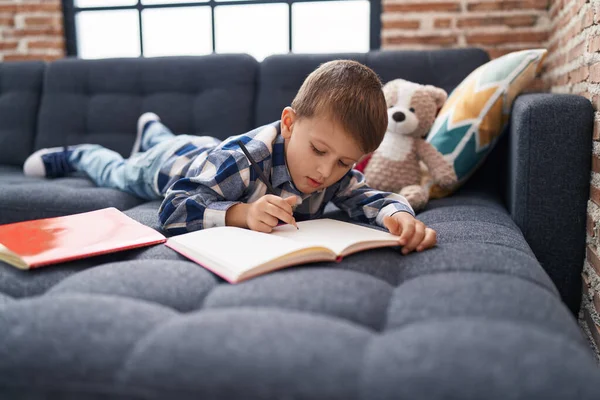 Adorável Caucasiano Menino Estudante Escrevendo Caderno Deitado Sofá Casa — Fotografia de Stock