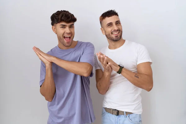 Homosexual Gay Couple Standing White Background Clapping Applauding Happy Joyful — Stock Photo, Image