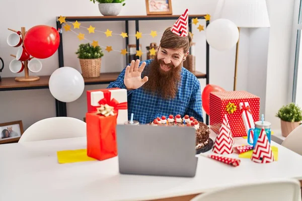 Young Redhead Man Celebrating Online Birthday Sitting Table Home — Stock Photo, Image