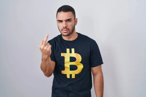 Young Hispanic Man Wearing Bitcoin Shirt Showing Middle Finger Impolite —  Fotos de Stock