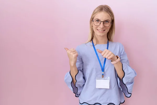 Young Caucasian Business Woman Wearing Card Pointing Back Hand Thumbs — Stock Photo, Image