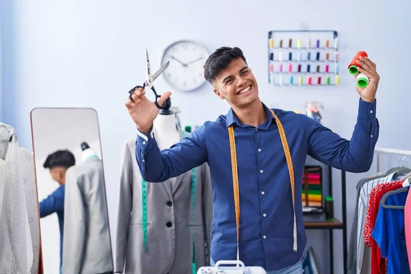 Young Hispanic Man Tailor Smiling Confident Holding Scissors Thread Clothing — 图库照片