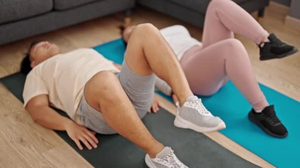 Man Woman Couple Lying Yoga Mat Training Legs Exercise Home — Stock Video