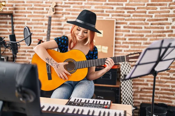 Young Caucasian Woman Musician Playing Classical Guitar Music Studio — Stock Photo, Image