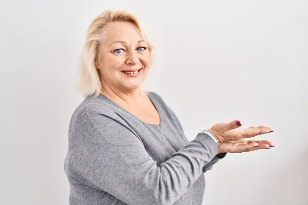 Middle Age Caucasian Woman Standing White Background Pointing Aside Hands — Stock Photo, Image