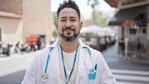 年轻的拉丁男子医生微笑着 自信地站在咖啡店的阳台上 双手交叉地做着手势 — 图库视频影像