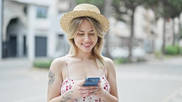 Young Blonde Woman Tourist Smiling Confident Using Smartphone Street — Stock Video