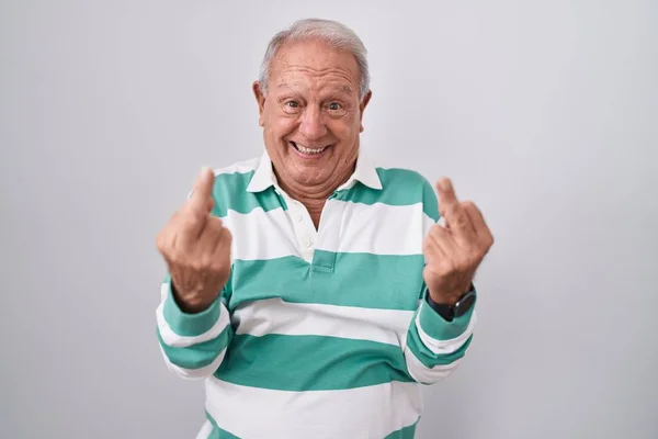 Senior Man Grey Hair Standing White Background Showing Middle Finger — 图库照片