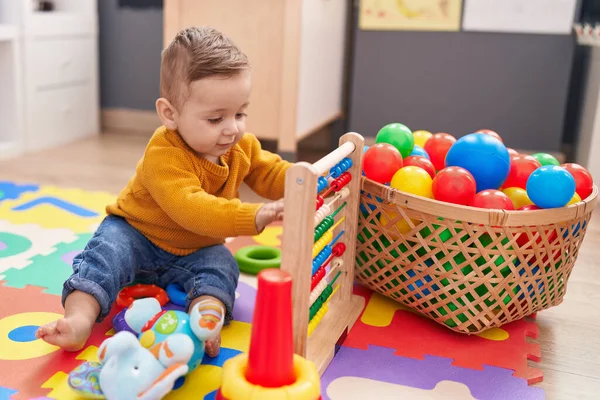 Adorable Caucasian Baby Playing Abacus Sitting Floor Kindergarten — Stock Photo, Image