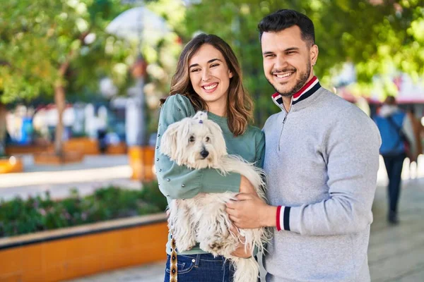 Man Woman Holding Dog Standing Together Park —  Fotos de Stock