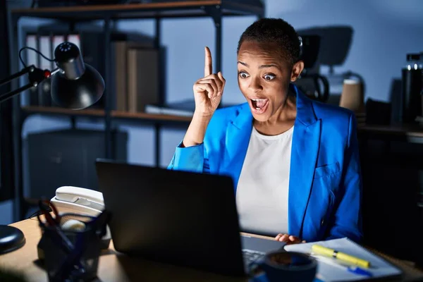 Beautiful African American Woman Working Office Night Pointing Finger Successful — Stock Photo, Image