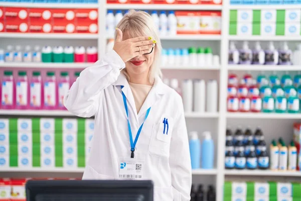 Young Caucasian Woman Working Pharmacy Drugstore Smiling Laughing Hand Face — Fotografia de Stock